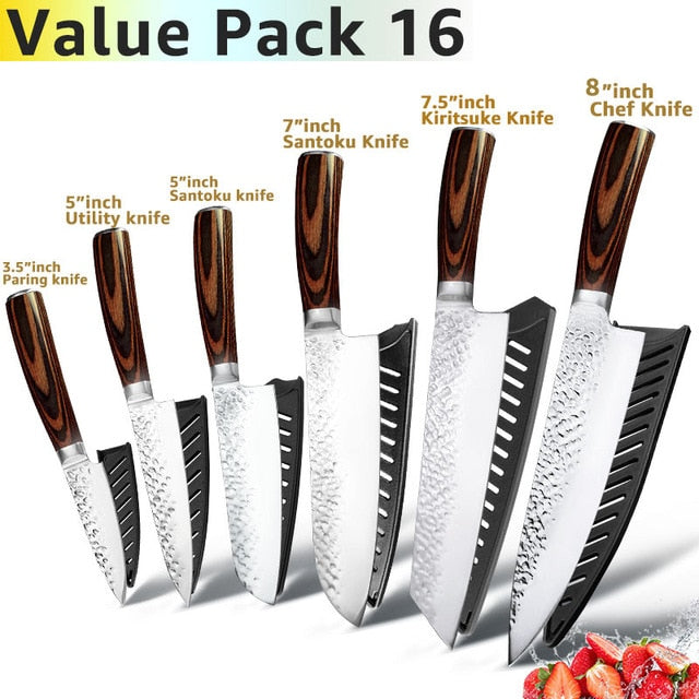 Kitchen Knife 8 inch Professional Japanese Chef Knives 7CR17 440C Stainless Steel Full Tang Meat Cleaver Slicer Santoku Set