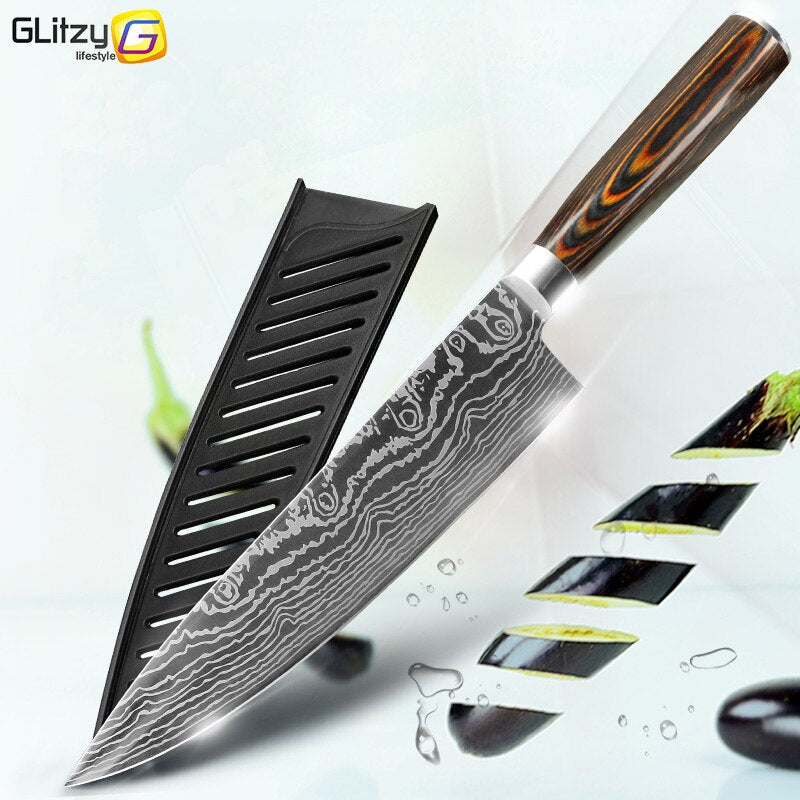 Kitchen Knives 8 Inch Japanese Chef 7CR17 440C Gyuto Stainless Steel Damascus Drawing Meat Cleaver Slicer Santoku Cutter Set