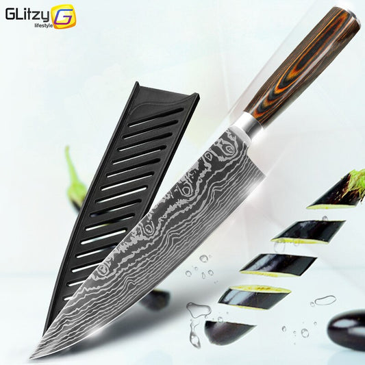Kitchen Knives 8 Inch Japanese Chef 7CR17 440C Gyuto Stainless Steel Damascus Drawing Meat Cleaver Slicer Santoku Cutter Set