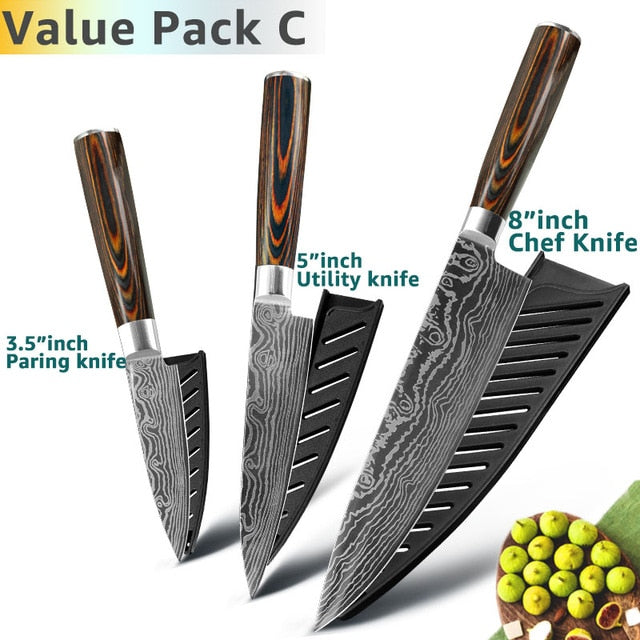 Kitchen Knives 8 Inch Japanese Chef 7CR17 440C Gyuto Stainless Steel Damascus Drawing Meat Cleaver Slicer Santoku Cutter Set