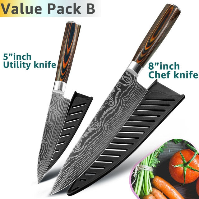 Kitchen Knives 8 Inch Japanese Chef 7CR17 440C Gyuto Stainless Steel Damascus Drawing Meat Cleaver Slicer Santoku Cutter Set