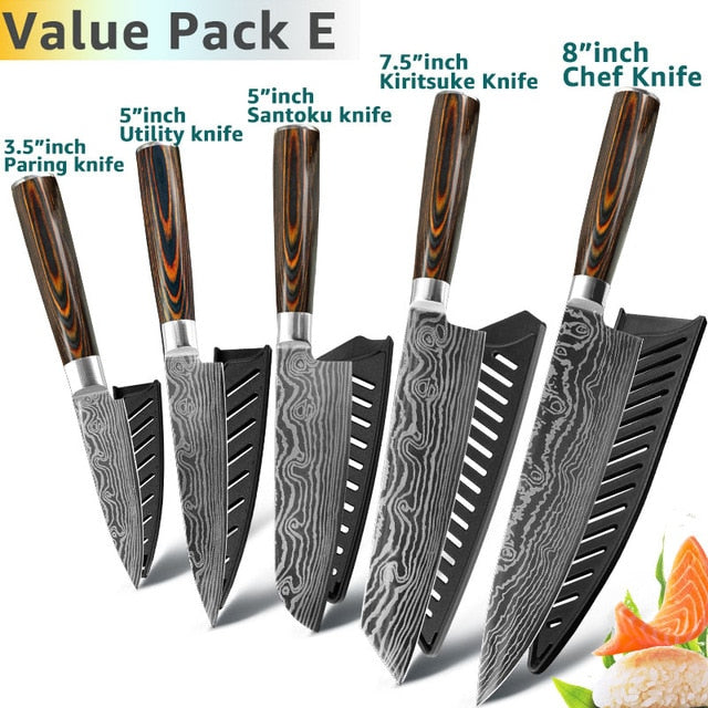 Kitchen Knives 8 Inch Japanese Chef 7CR17 440C Gyuto Stainless Steel Damascus Drawing Meat Cleaver Slicer Santoku Cutter Set