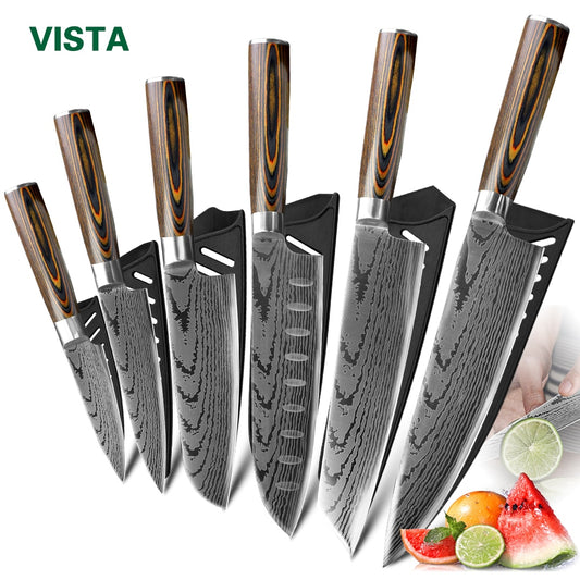 Kitchen knife Chef Knives Japanese 7CR17 440C High Carbon Stainless Steel Imitation Damascus Sanding Laser Knife