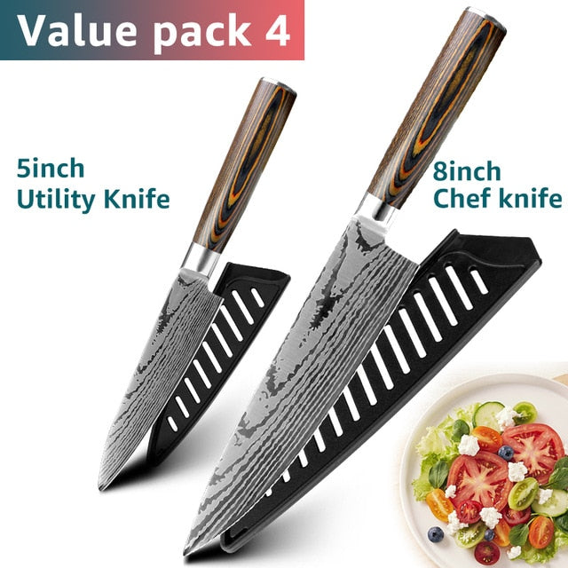 Kitchen knife Chef Knives Japanese 7CR17 440C High Carbon Stainless Steel Imitation Damascus Sanding Laser Knife