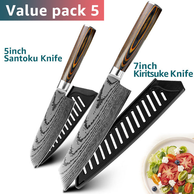 Kitchen knife Chef Knives Japanese 7CR17 440C High Carbon Stainless Steel Imitation Damascus Sanding Laser Knife