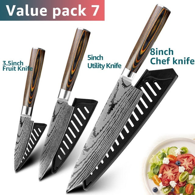 Kitchen knife Chef Knives Japanese 7CR17 440C High Carbon Stainless Steel Imitation Damascus Sanding Laser Knife