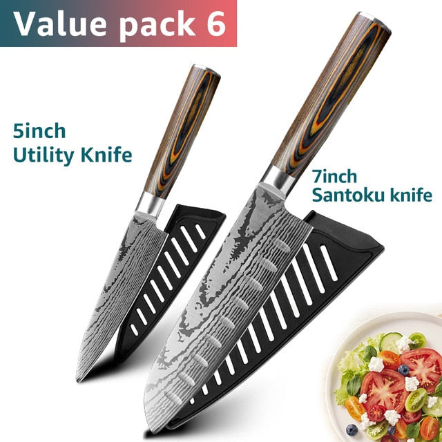 Kitchen knife Chef Knives Japanese 7CR17 440C High Carbon Stainless Steel Imitation Damascus Sanding Laser Knife