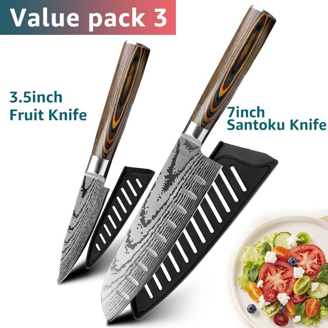 Kitchen knife Chef Knives Japanese 7CR17 440C High Carbon Stainless Steel Imitation Damascus Sanding Laser Knife