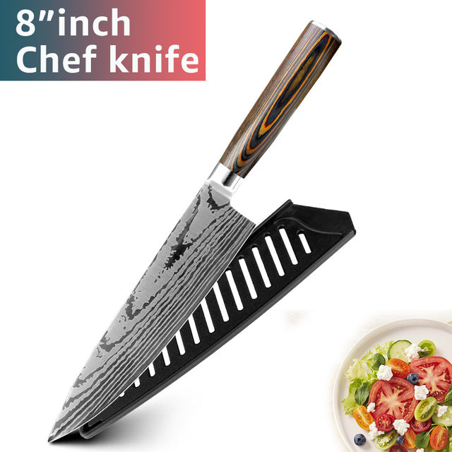 Kitchen knife Chef Knives Japanese 7CR17 440C High Carbon Stainless Steel Imitation Damascus Sanding Laser Knife