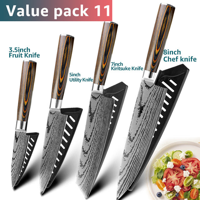 Kitchen knife Chef Knives Japanese 7CR17 440C High Carbon Stainless Steel Imitation Damascus Sanding Laser Knife