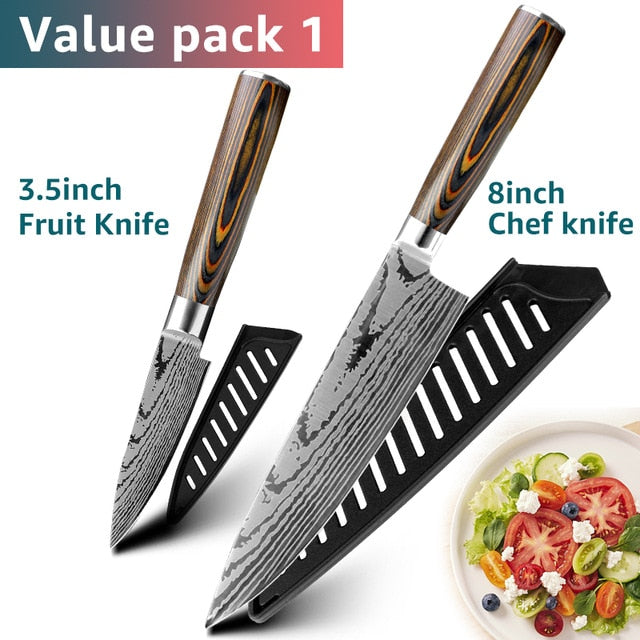 Kitchen knife Chef Knives Japanese 7CR17 440C High Carbon Stainless Steel Imitation Damascus Sanding Laser Knife