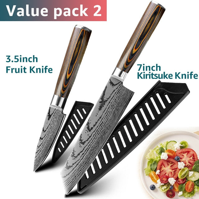 Kitchen knife Chef Knives Japanese 7CR17 440C High Carbon Stainless Steel Imitation Damascus Sanding Laser Knife