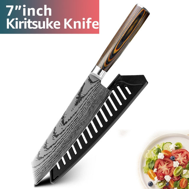 Kitchen knife Chef Knives Japanese 7CR17 440C High Carbon Stainless Steel Imitation Damascus Sanding Laser Knife