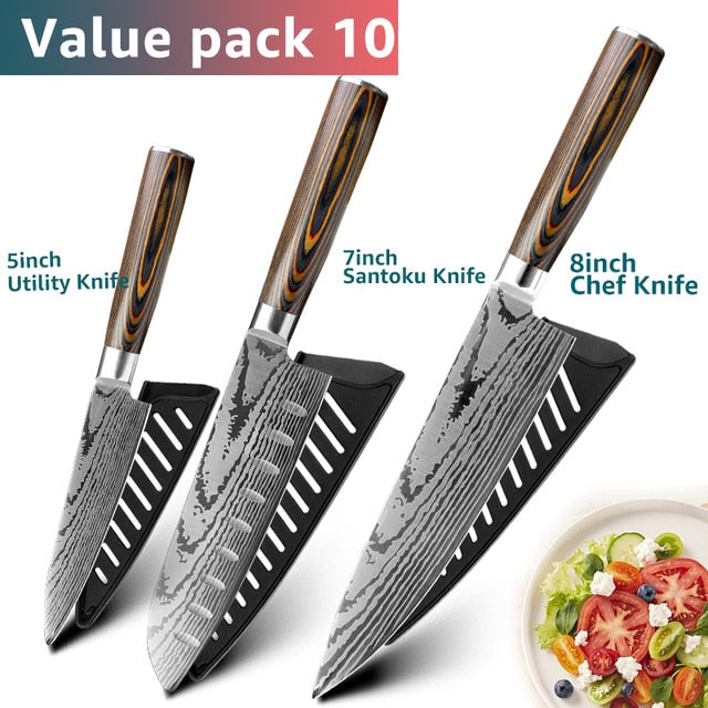 Kitchen knife Chef Knives Japanese 7CR17 440C High Carbon Stainless Steel Imitation Damascus Sanding Laser Knife