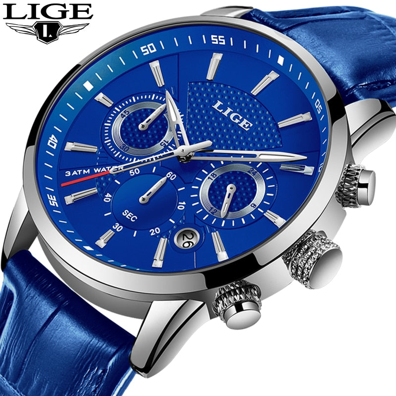 LIGE Fashion Mens Watches Top Brand Luuxury Blue Quartz Clock Male Casual Leather Waterproof Sport Chronograph Relogio Masculino