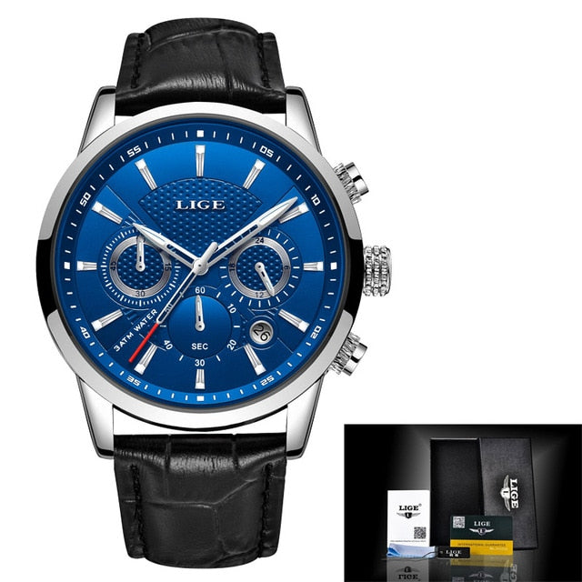 LIGE Fashion Mens Watches Top Brand Luuxury Blue Quartz Clock Male Casual Leather Waterproof Sport Chronograph Relogio Masculino