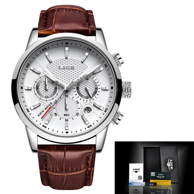 LIGE Fashion Mens Watches Top Brand Luuxury Blue Quartz Clock Male Casual Leather Waterproof Sport Chronograph Relogio Masculino