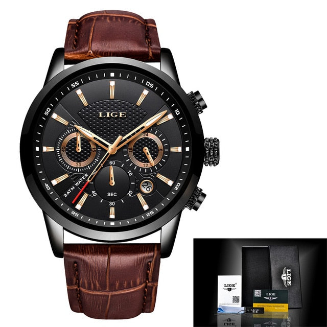 LIGE Fashion Mens Watches Top Brand Luuxury Blue Quartz Clock Male Casual Leather Waterproof Sport Chronograph Relogio Masculino