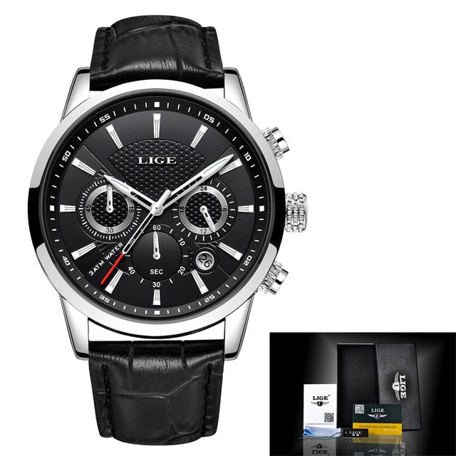 LIGE Fashion Mens Watches Top Brand Luuxury Blue Quartz Clock Male Casual Leather Waterproof Sport Chronograph Relogio Masculino