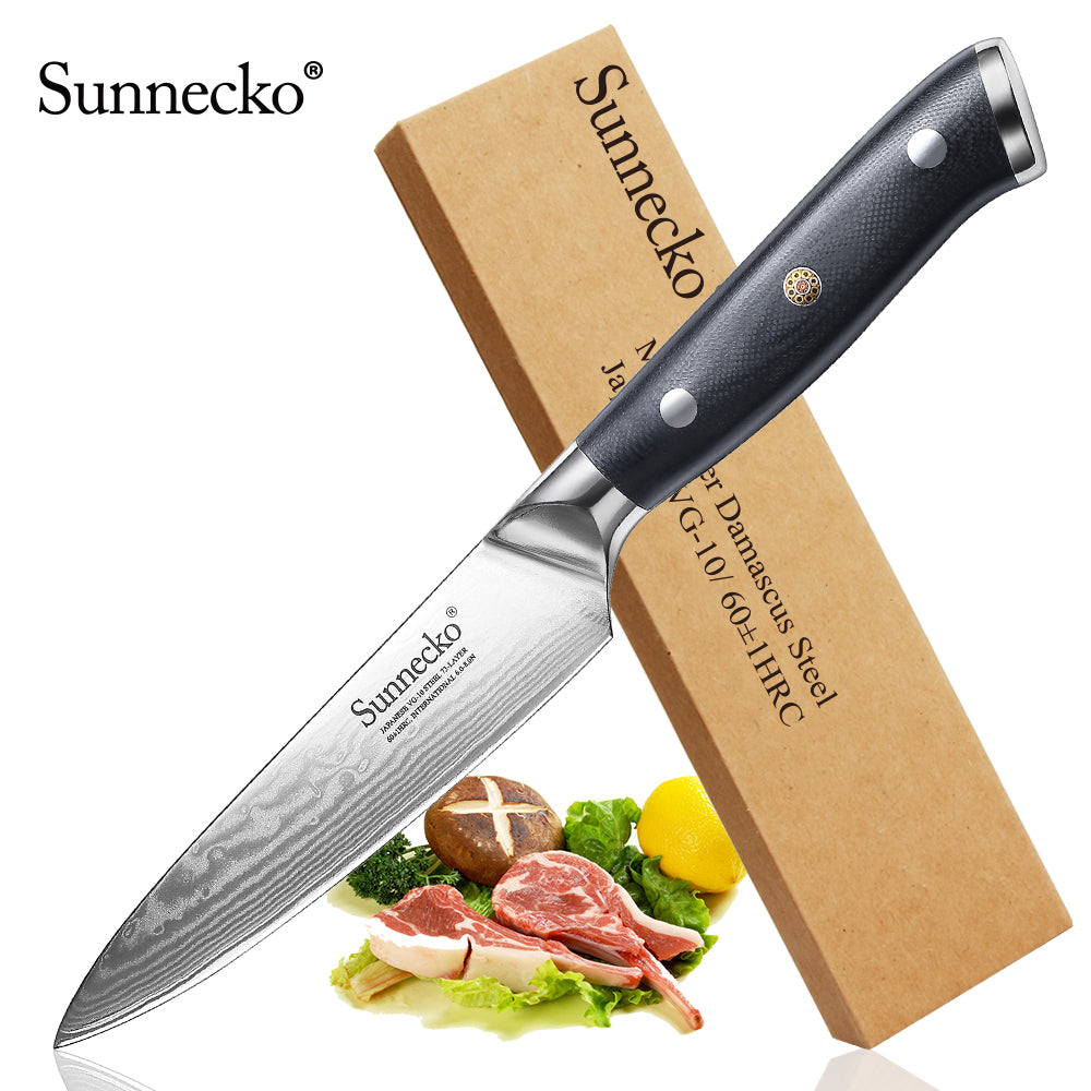 New SUNNECKO 5" inch Utility Knife Razor Sharp Blade Japanese VG10 Steel Kitchen Knives Damascus G10 Handle Chef Slicing Cutter