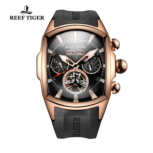 Reef Tiger/RT Luxury Watches Men's Tourbillon Analog Automatic Watch Rose Gold Tone Sport Wrist Watch Rubber Strap RGA3069