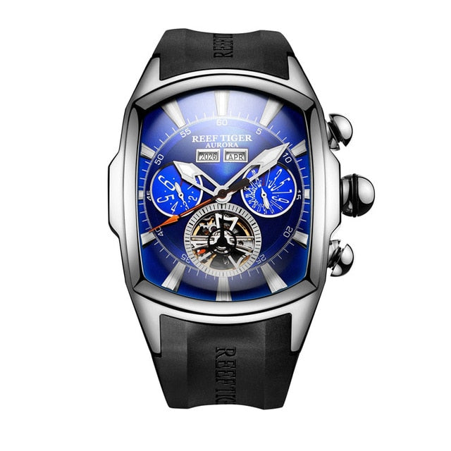 Reef Tiger/RT Luxury Watches Men's Tourbillon Analog Automatic Watch Rose Gold Tone Sport Wrist Watch Rubber Strap RGA3069