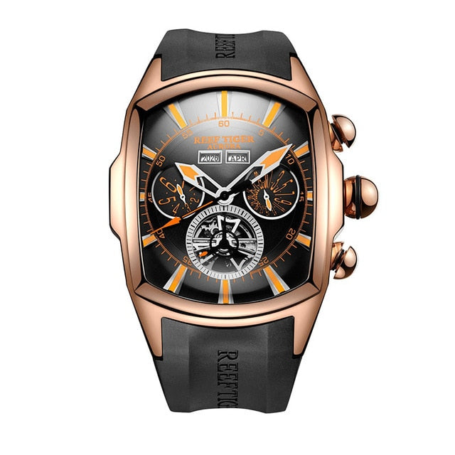 Reef Tiger/RT Luxury Watches Men's Tourbillon Analog Automatic Watch Rose Gold Tone Sport Wrist Watch Rubber Strap RGA3069