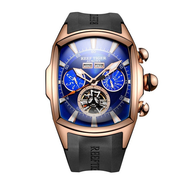 Reef Tiger/RT Luxury Watches Men's Tourbillon Analog Automatic Watch Rose Gold Tone Sport Wrist Watch Rubber Strap RGA3069