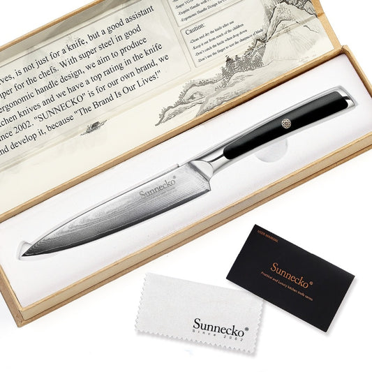 SUNNECKO 5" Damascus Steel Utility Knife Japanese VG10 Core Blade Kitchen Knives G10 Handle Chef's Vegetable Meat Slicer Cutter