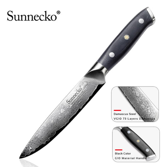 SUNNECKO 5 inch Utility Knife Kitchen Knives Japanese Damascus VG10 Steel Sharp G10 Sanding Handle Chef Knife Fruit Cutter Tools