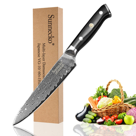 SUNNECKO 5" inches Utility Knife Damascus Japanese VG10 Steel Sharp Blade Strong Hardness Kitchen Knives G10 Handle Cutter Tool