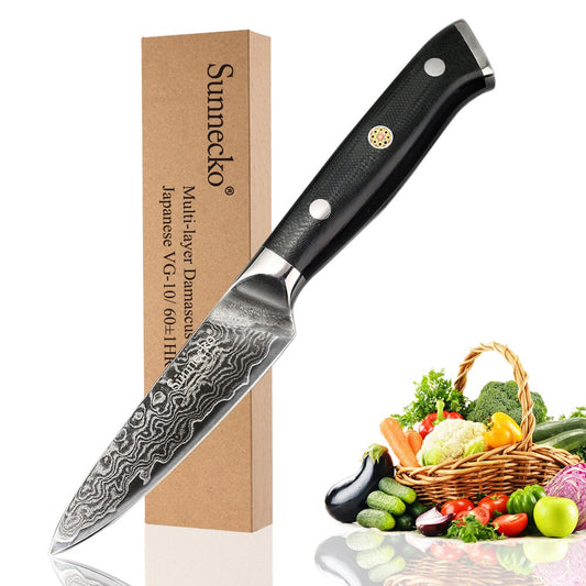 SUNNECKO Premium 3.5" inch Paring Knife Damascus Steel Kitchen Knives Japanese VG10 Blade Razor Sharp Fruit Cutter G10 Handle