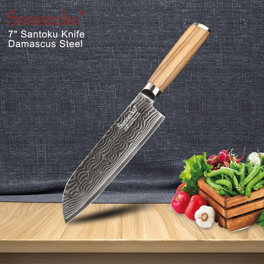 SUNNECKO Professional 7" Damasucs Santoku Knife Japanese VG10 Steel Blade Original Wood Handle Chef's Slicing Kitchen Knives