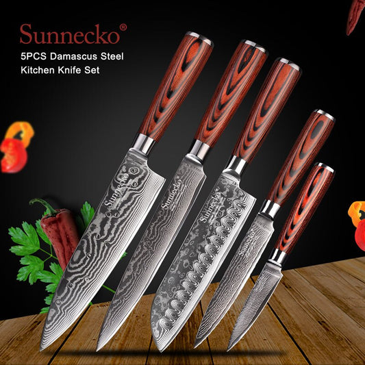 SUNNECKO Santoku Knife Japanese 73-Layers Damascus Steel Kitchen Knives Pakka Wood Handle Utility Chef Slicing Paring Cut Tools