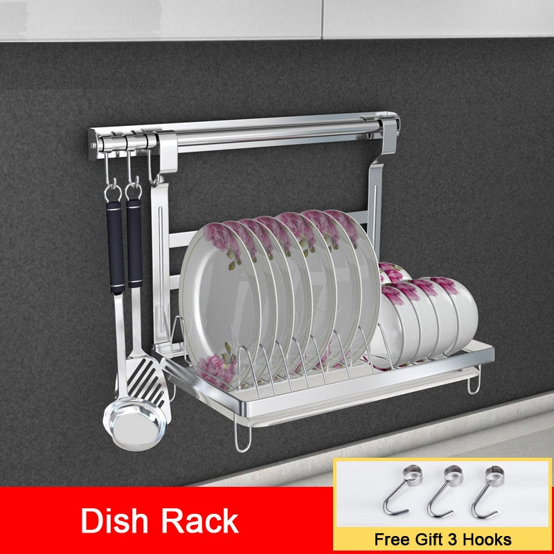 Stainless Steel Draining Bowl Dish Rack Wall Mounted Foldable Kitchen Organizer Dryer Tableware Shelf Kitchen Hanging Racks