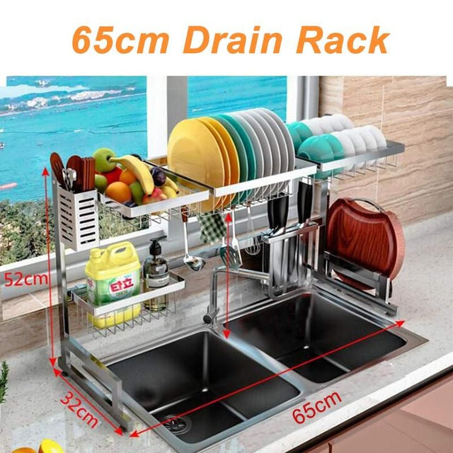 Stainless Steel Kitchen Dish Rack U Shape Sink Drain Rack 2 Tier Dish Organizer Shelf Storage Holder 65/85cm