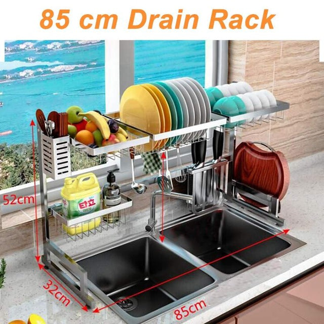 Stainless Steel Kitchen Dish Rack U Shape Sink Drain Rack 2 Tier Dish Organizer Shelf Storage Holder 65/85cm