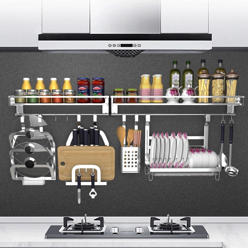 Stainless Steel Kitchen Storage Rack Holder Free Nail Wall Hanging Seasoning Bottles Storage Rack Shelf Kitchen Organizer Tools