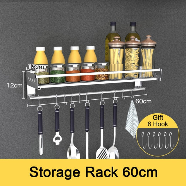 Stainless Steel Kitchen Storage Rack Holder Free Nail Wall Hanging Seasoning Bottles Storage Rack Shelf Kitchen Organizer Tools