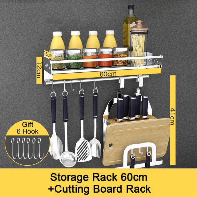 Stainless Steel Kitchen Storage Rack Holder Free Nail Wall Hanging Seasoning Bottles Storage Rack Shelf Kitchen Organizer Tools
