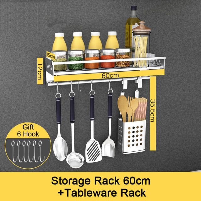 Stainless Steel Kitchen Storage Rack Holder Free Nail Wall Hanging Seasoning Bottles Storage Rack Shelf Kitchen Organizer Tools