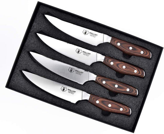 Steak Knives Set 4 Pcs - Dinner Kitchen Knives - Non-slip Natural Ergonomic Wooden Handle -German HC Stainless Steel Steak Knife