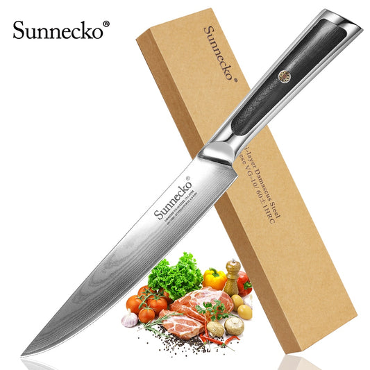 Sunnecko 8" Slicing Knife Japanese VG10 Core Steel Blade Damascus Kitchen Knives G10 Handle Meat Vegetable Slicer Cutter
