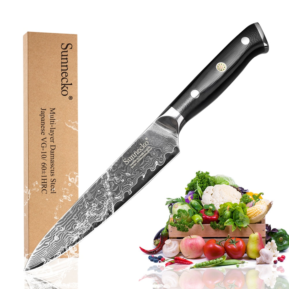 Superior SUNNECKO 5" inch Utility Kitchen Knife Japanese VG10 Steel Razor Sharp Blade G10 Handle Damascus Cleaver Slicing