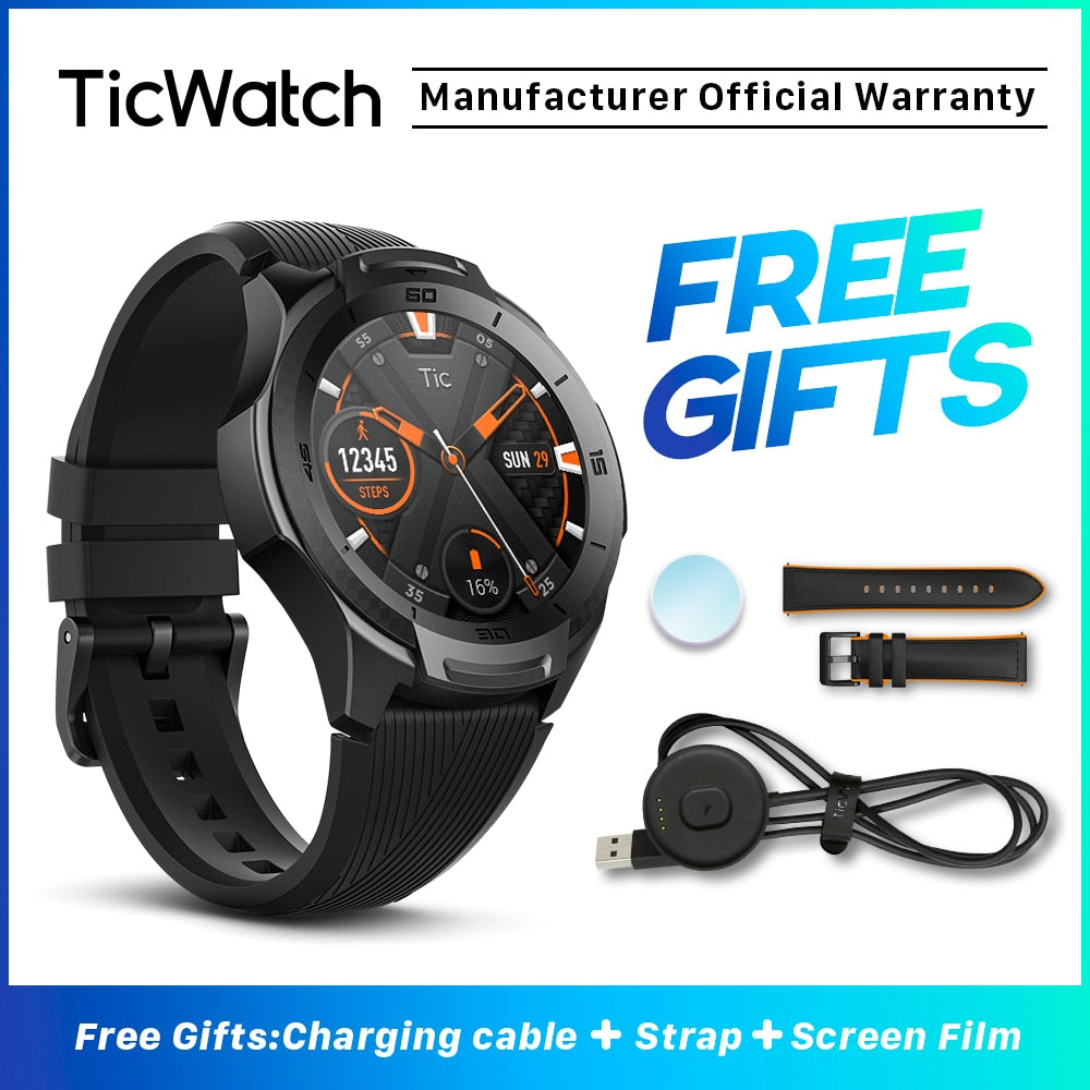 TicWatch S2 Black Smart Watch Bluetooth Smartwatch for Men GPS Ourdoor Sport Watch 5ATM Waterproof Android Smartwatch Original