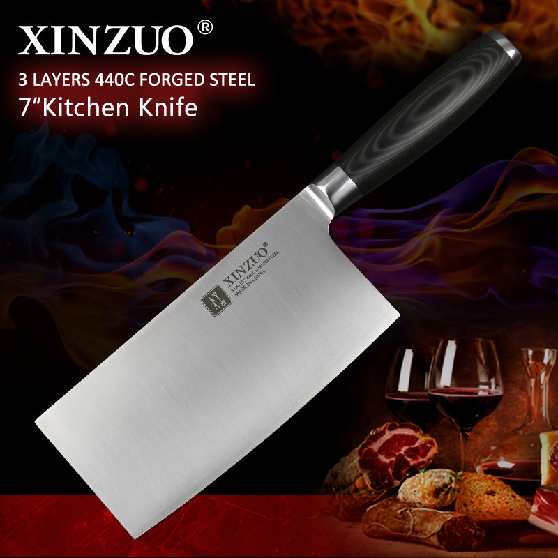 XINZUO 7'' Big Chinese Cleaver Knife 3 layer 440C Clad Forged German Stainless Steel Micarta Handle Kitchen Knives Cooking Tools