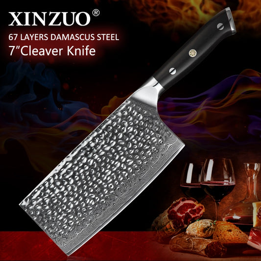 XINZUO 7'' inch Cleaver Knife VG10 Damascus Steel Kitchen Knife Brand Butchers Cleaver Knives Comfortable Natural Ebony Handle