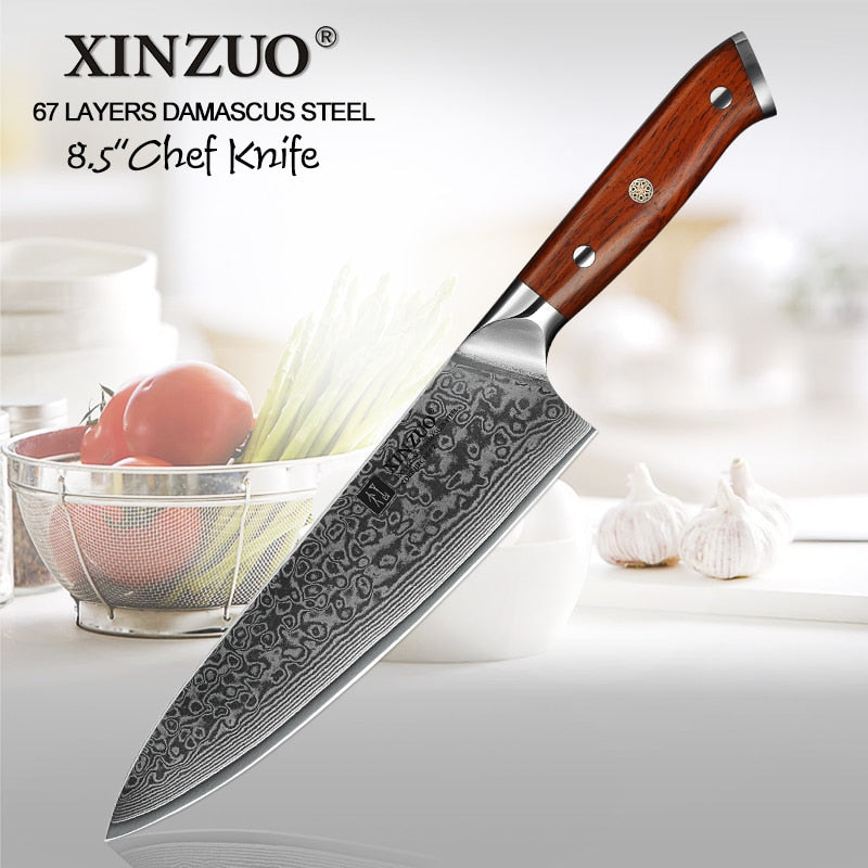 XINZUO 8.5'' Chef Knife Japanese Damascus Forged Steel Kitchen Knife Professional Gyutou Knives Stainless Steel Rosewood Handle