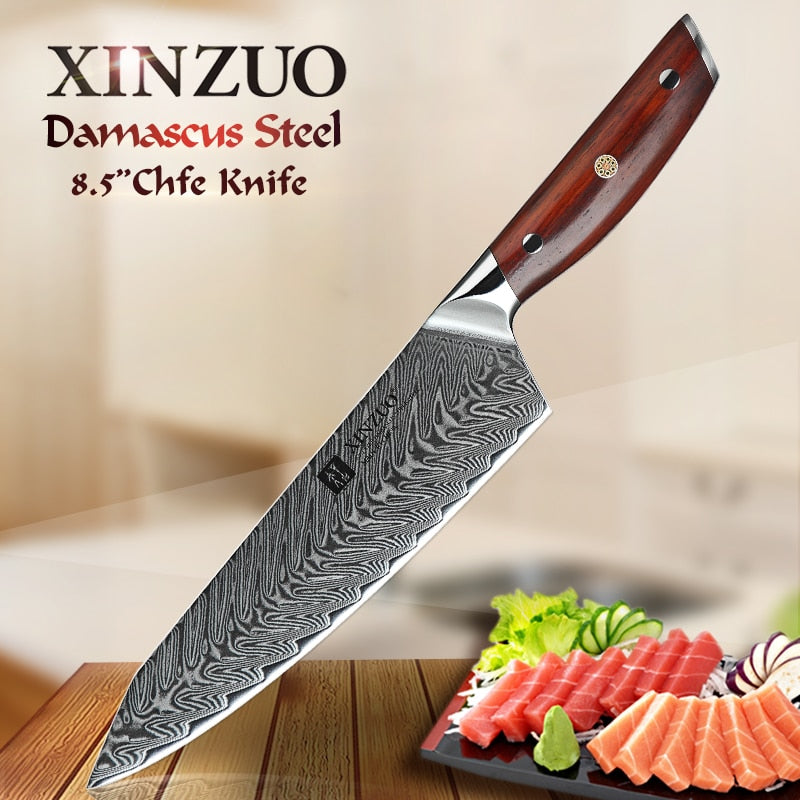 XINZUO 8.5 inches Chef Knife Japanese VG10 Damascus Kitchen Knives Stainless Steel Slicing Meat Cooking Knife Rosewood Handle