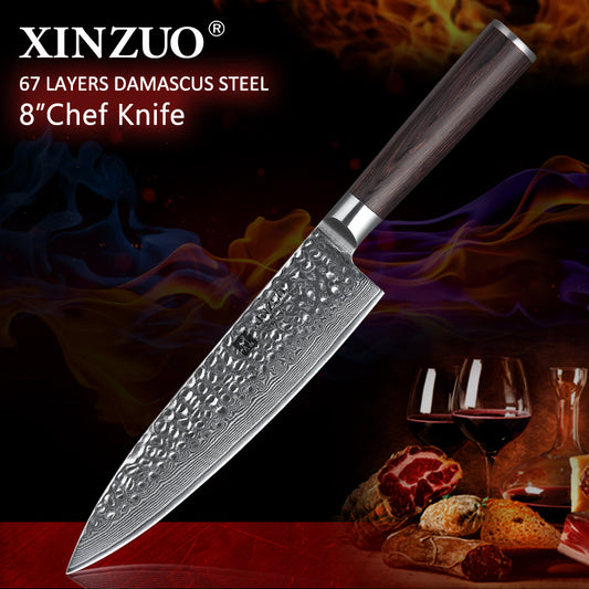 XINZUO 8" inch Chef Knife Damascus Steel Kitchen Chef Accessories Advanced Gyotou Knife Gift Knives Pakka Wood Handle